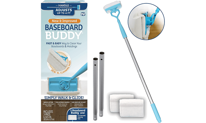 Baseboard Buddy Extendable Baseboard & Molding Cleaner with Extendable Handle Up to 4 Feet 360 Degree Swivel Head | 3 Cleaning Pads for Wet & Dry Use | Dust, Dirt & Grime Removal | As Seen on TV